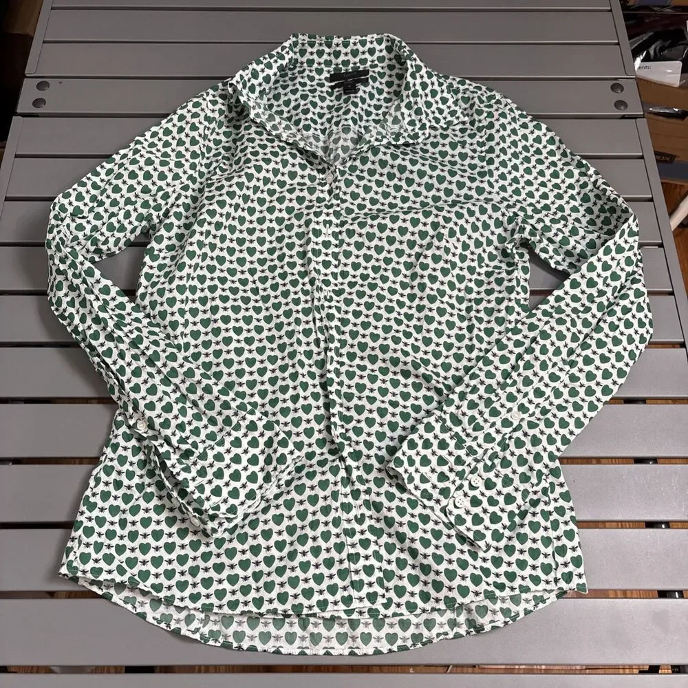 J. Crew Shirt Womens Size 10 Green Heart Fly Multicolor Long Sleeve Button Down - Picture 2 of 9